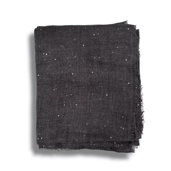 🆕💕Venetta Cashmere Scarf Sheer Sequins & Frayed Edges • DRK GREY • UNISEX • NWOT - Picture 2 of 5